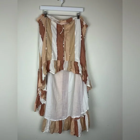 Revolve x Sundress India Sequin Brown Tan Stripe Boho Ruffle High Low Maxi Skirt - Picture 2 of 5